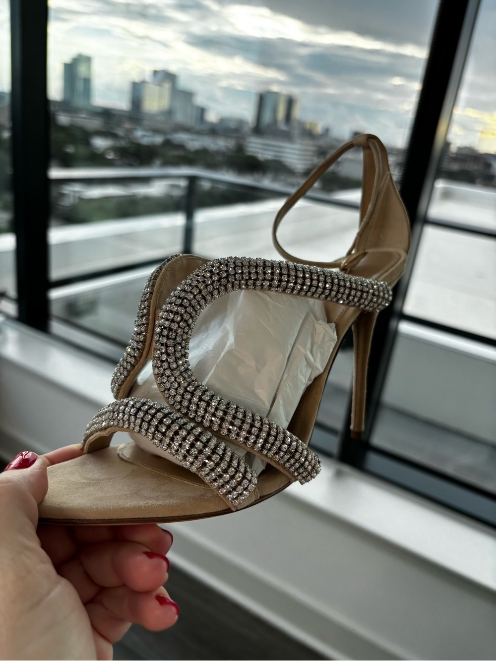 Alexandre Birman Cleo Crystal-Embellished Strappy Tan Heels